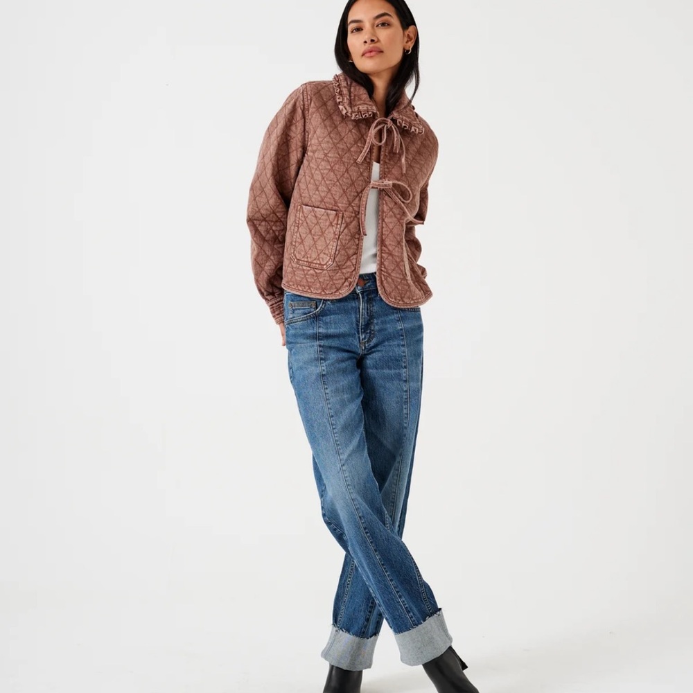 Seventy + Mochi Heidi Jacket in Washed Mocha Brown quilted denim tie front Small - Picture 3 of 13